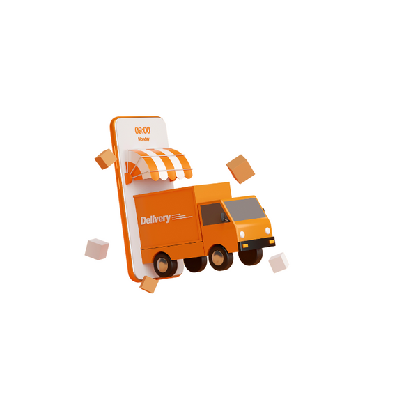 Ecommerce shopping concept- delivery lorry coming out of a mobile phone